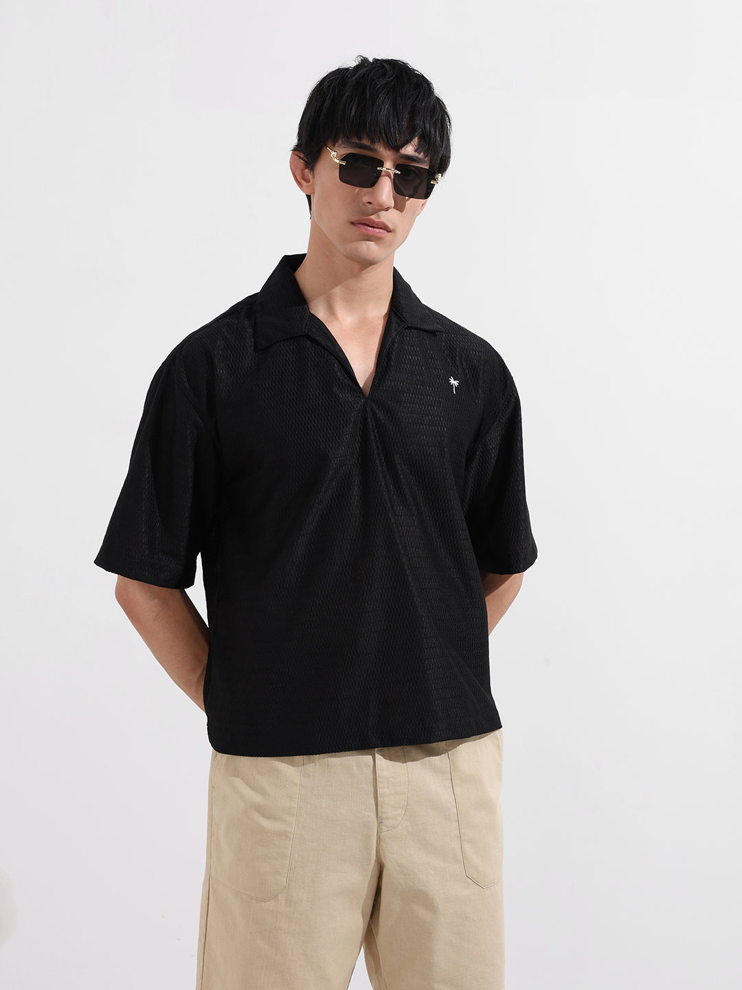 Men's Black Oversized Fit Resort Wear Textured Shirt
