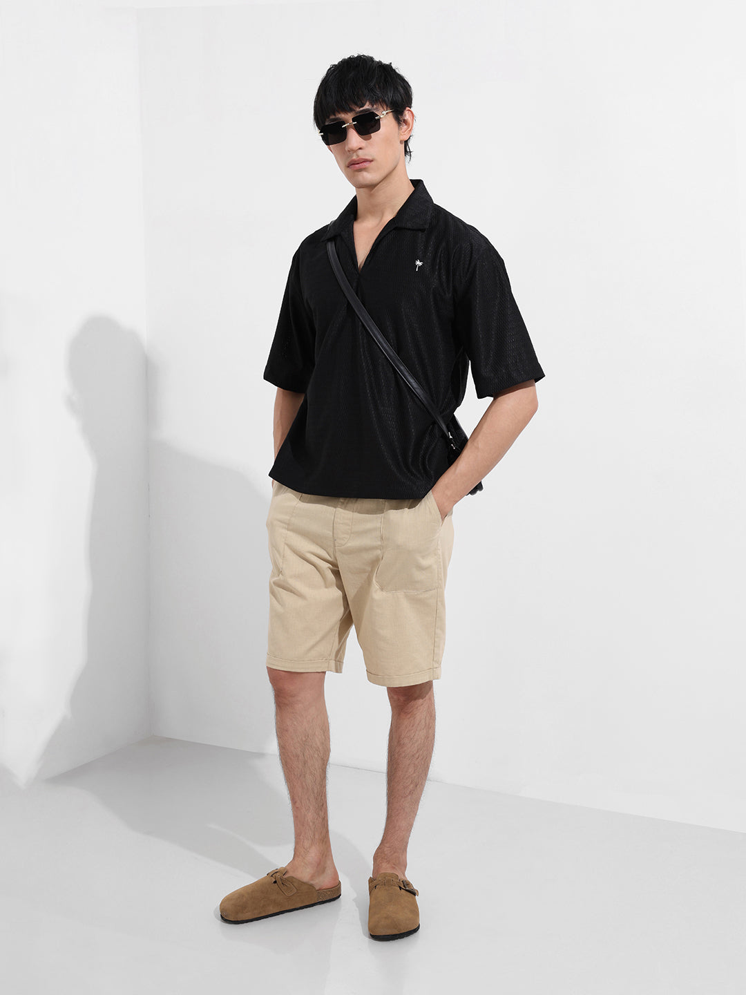 Men's Black Oversized Fit Resort Wear Textured Shirt