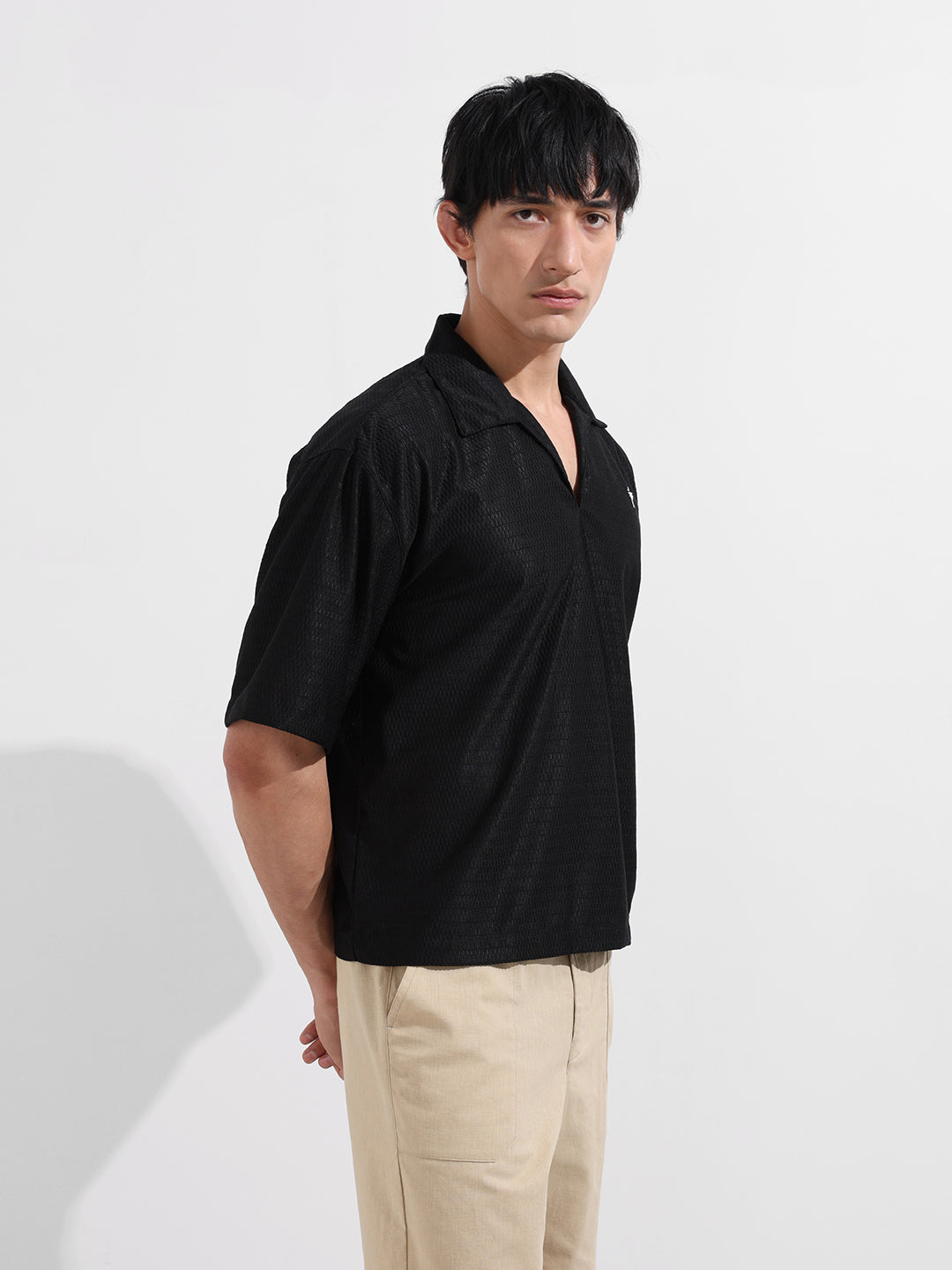 Men's Black Oversized Fit Resort Wear Textured Shirt