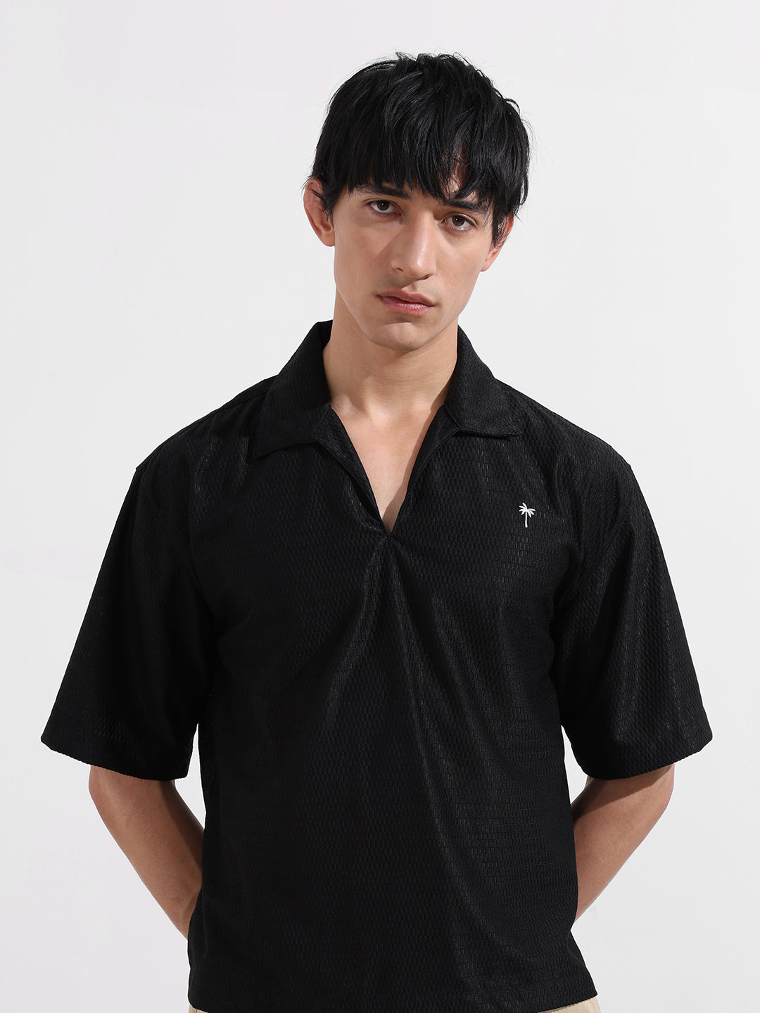 Men's Black Oversized Fit Resort Wear Textured Shirt
