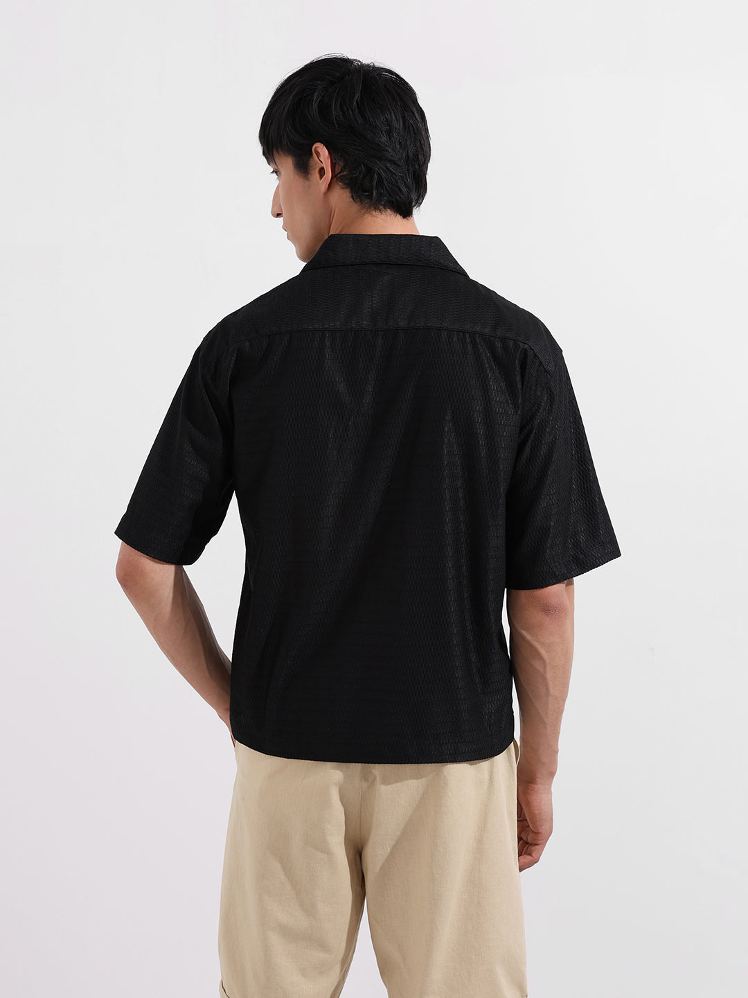 Men's Black Oversized Fit Resort Wear Textured Shirt