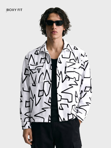 Men's White Boxy Fit Printed Utility Shirt