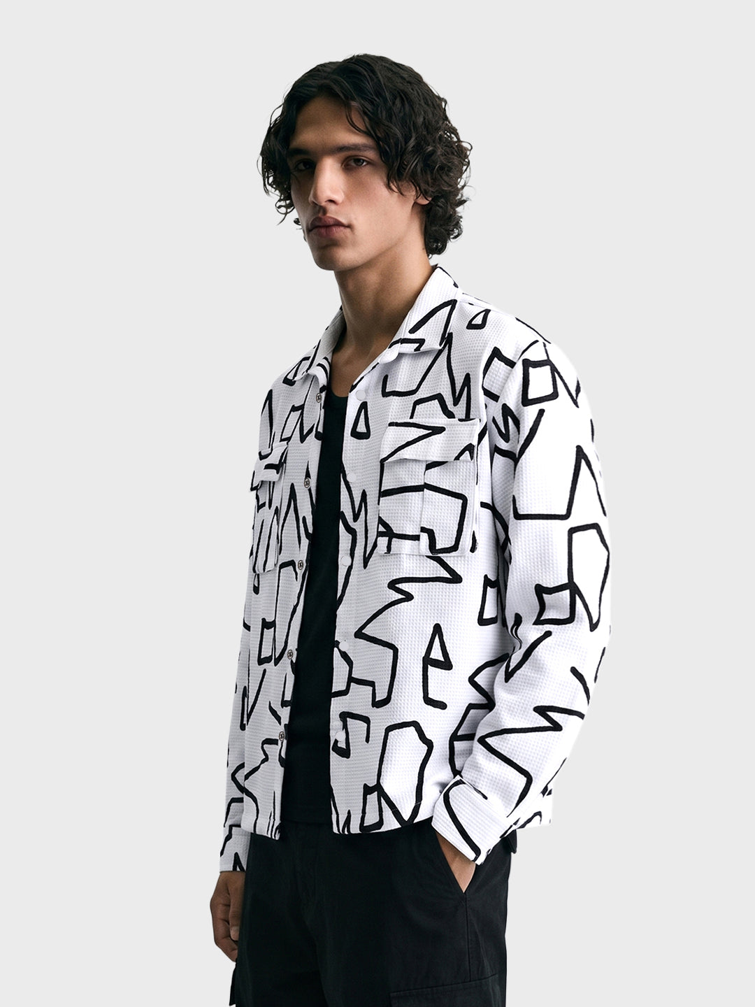 Men's White Boxy Fit Printed Utility Shirt