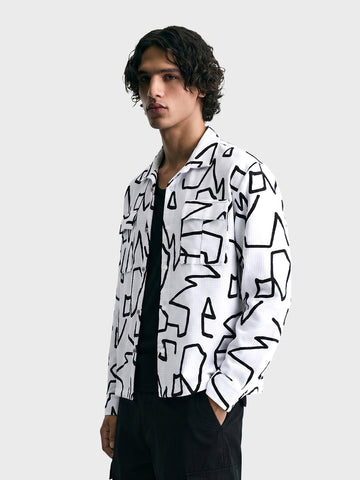 Men's White Boxy Fit Printed Utility Shirt