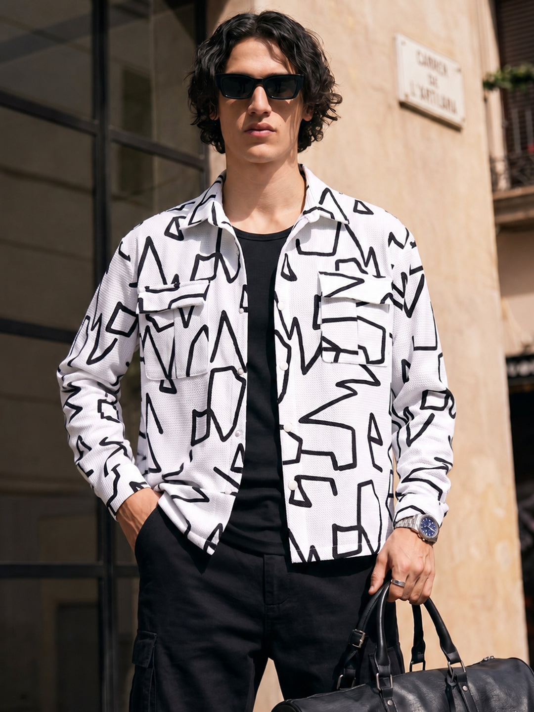 Men's White Boxy Fit Printed Utility Shirt