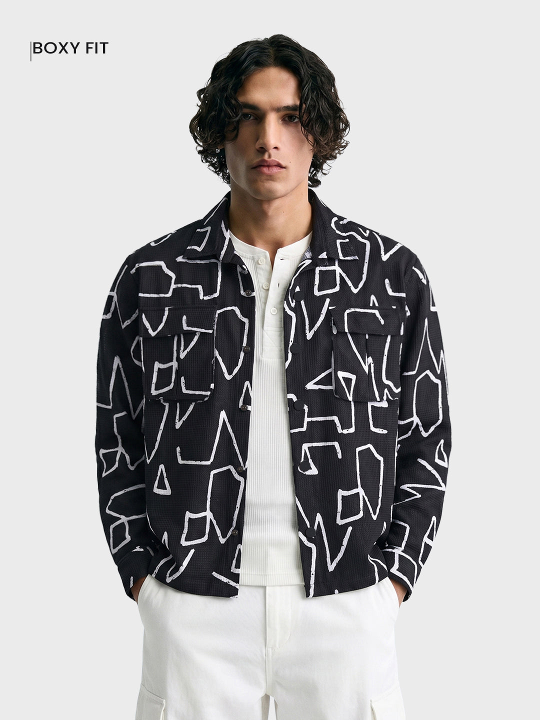 Men's Black Boxy Fit Printed Utility Shirt