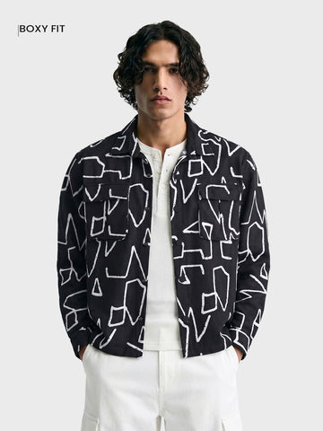 Men's Black Boxy Fit Printed Utility Shirt