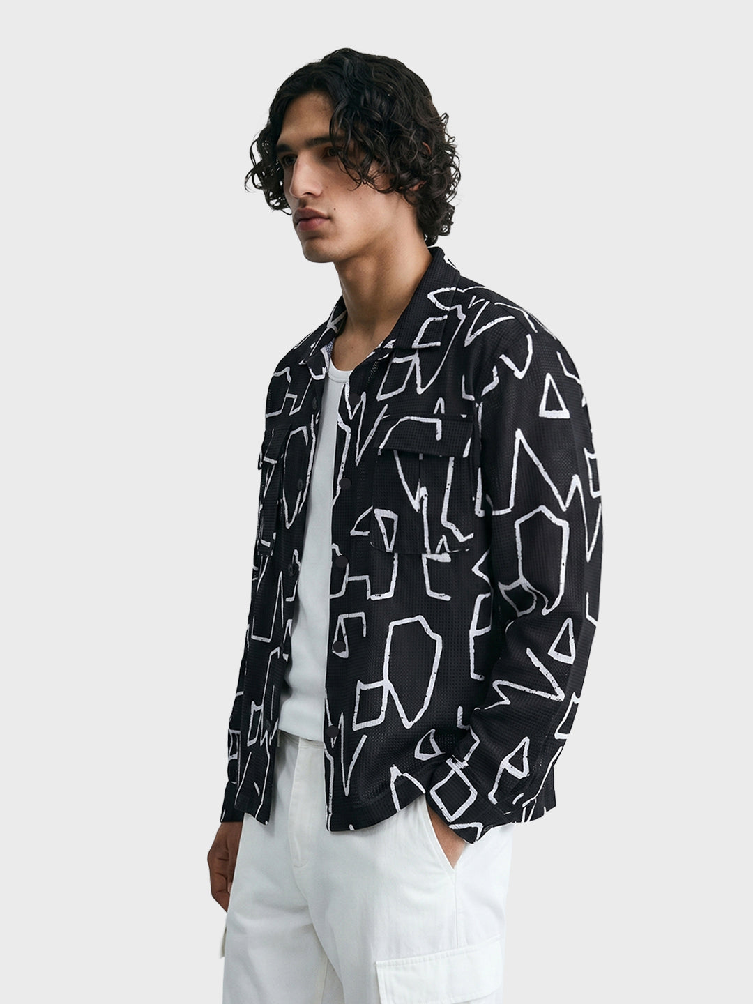 Men's Black Boxy Fit Printed Utility Shirt