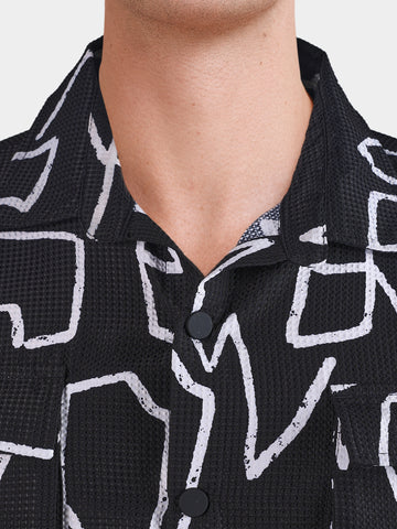 Men's Black Boxy Fit Printed Utility Shirt