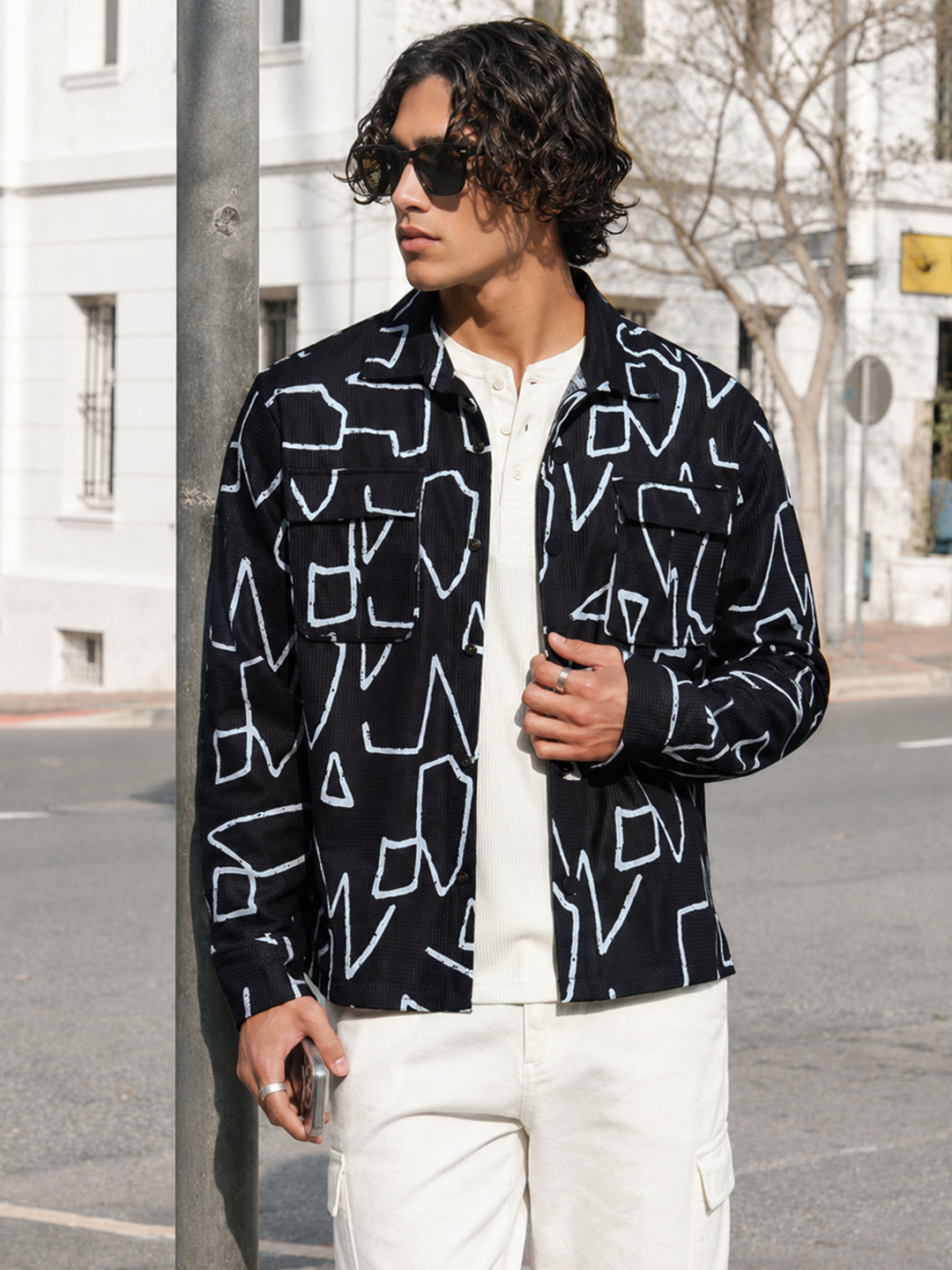 Men's Black Boxy Fit Printed Utility Shirt