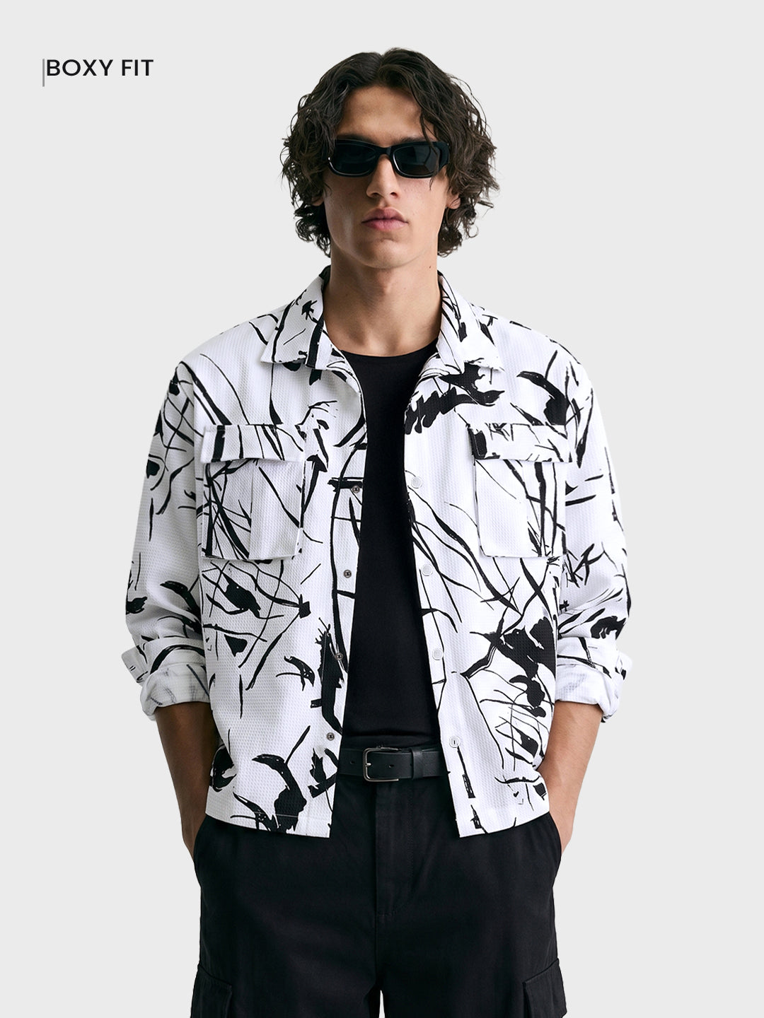 Men's White Boxy Fit Printed Utility Shirt