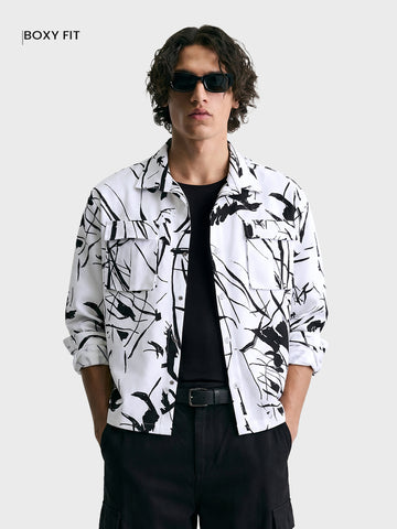 Men's White Boxy Fit Printed Utility Shirt
