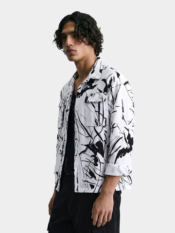 Men's White Boxy Fit Printed Utility Shirt