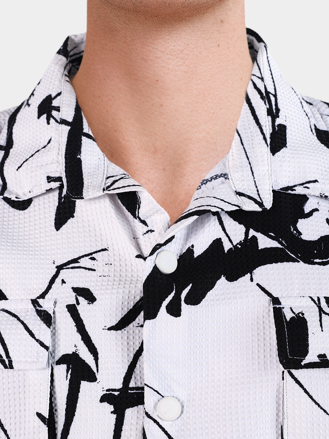 Men's White Boxy Fit Printed Utility Shirt