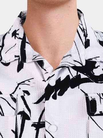 Men's White Boxy Fit Printed Utility Shirt