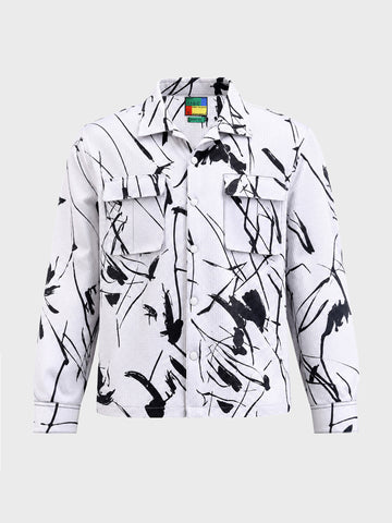 Men's White Boxy Fit Printed Utility Shirt