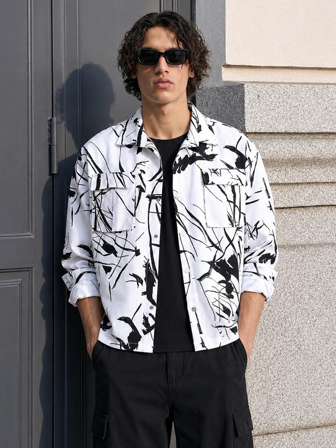 Men's White Boxy Fit Printed Utility Shirt