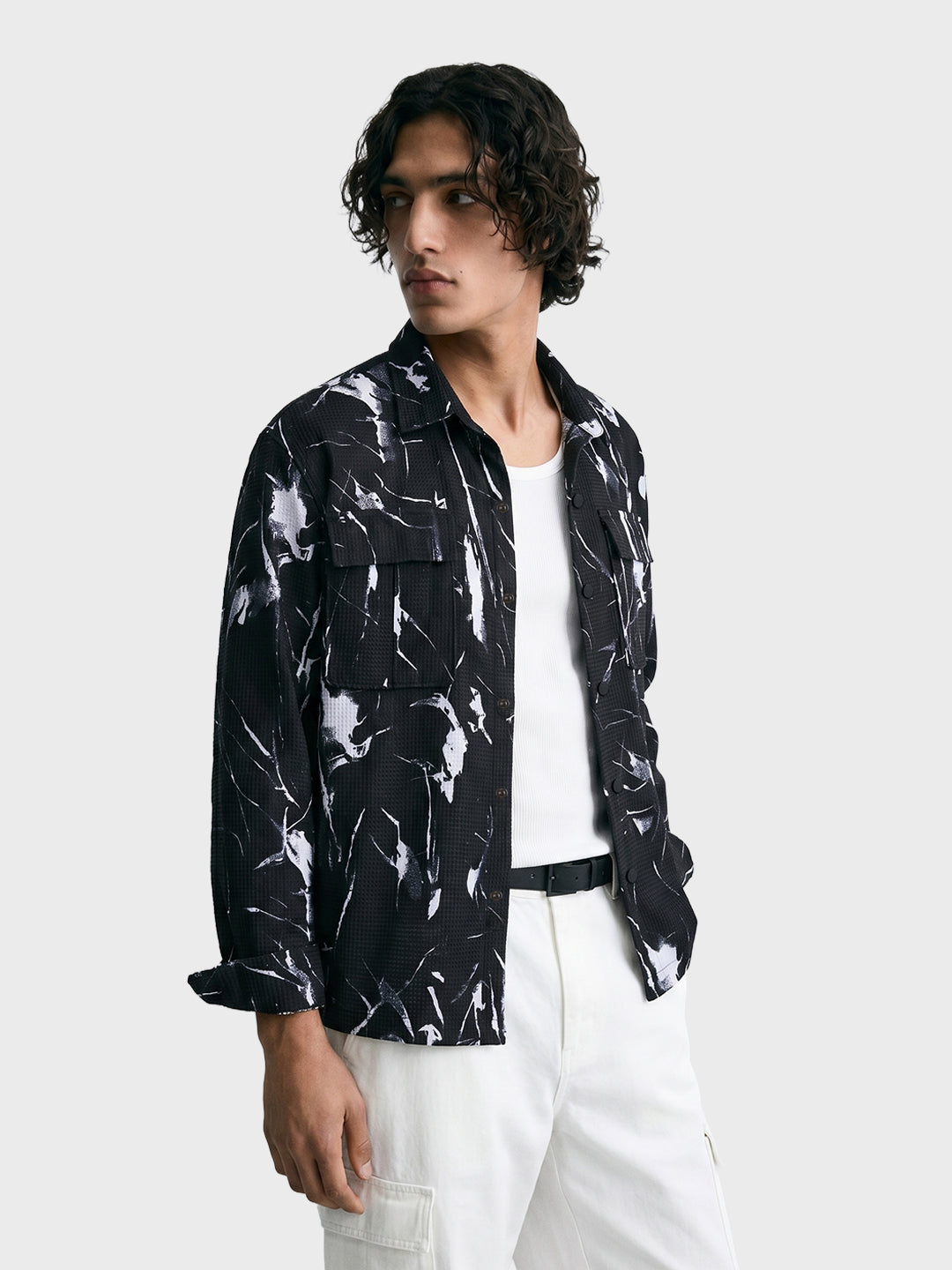 Men's Black Boxy Fit Printed Utility Shirt