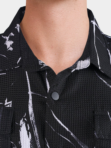 Men's Black Boxy Fit Printed Utility Shirt