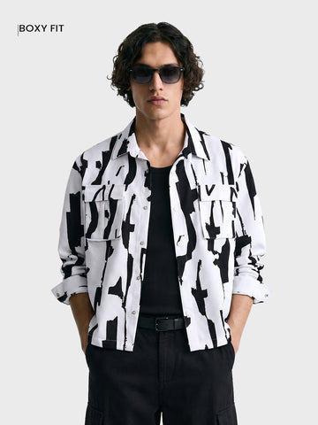 Men's White Boxy Fit Printed Utility Shirt