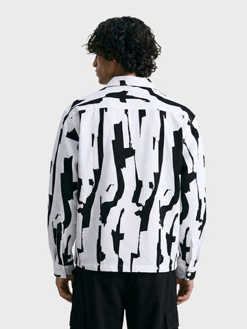 Men's White Boxy Fit Printed Utility Shirt