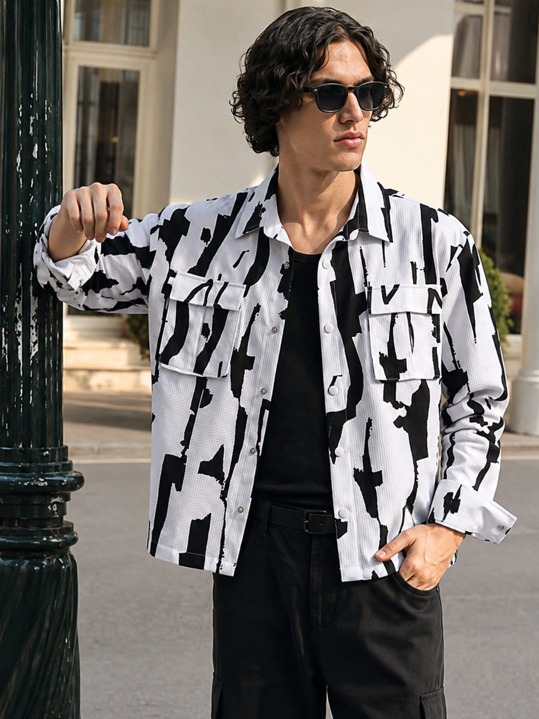 Men's White Boxy Fit Printed Utility Shirt