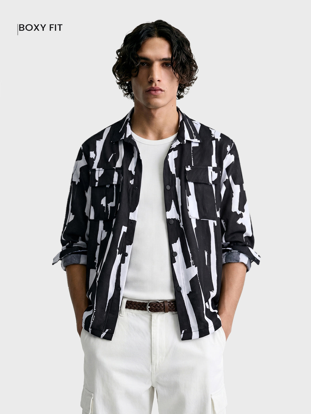 Men's Black Boxy Fit Printed Utility Shirt