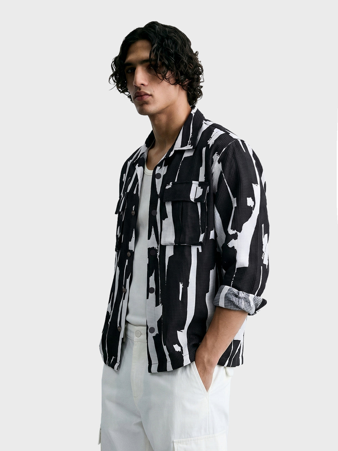 Men's Black Boxy Fit Printed Utility Shirt