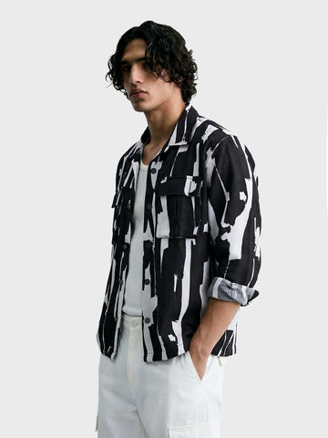 Men's Black Boxy Fit Printed Utility Shirt
