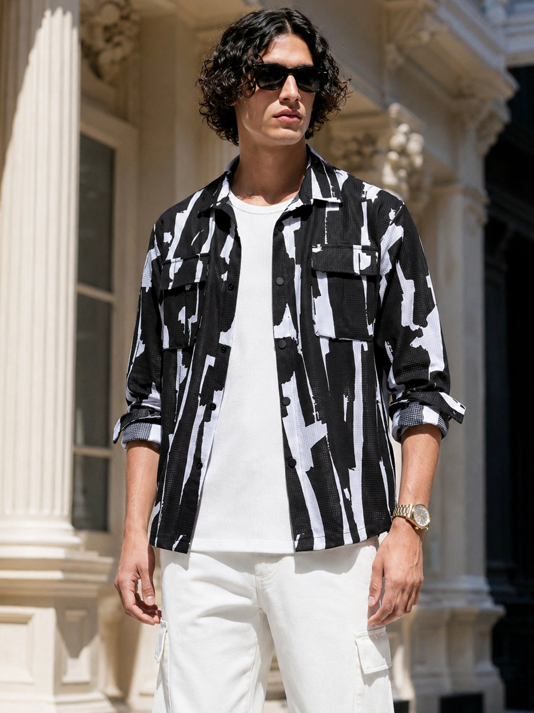 Men's Black Boxy Fit Printed Utility Shirt