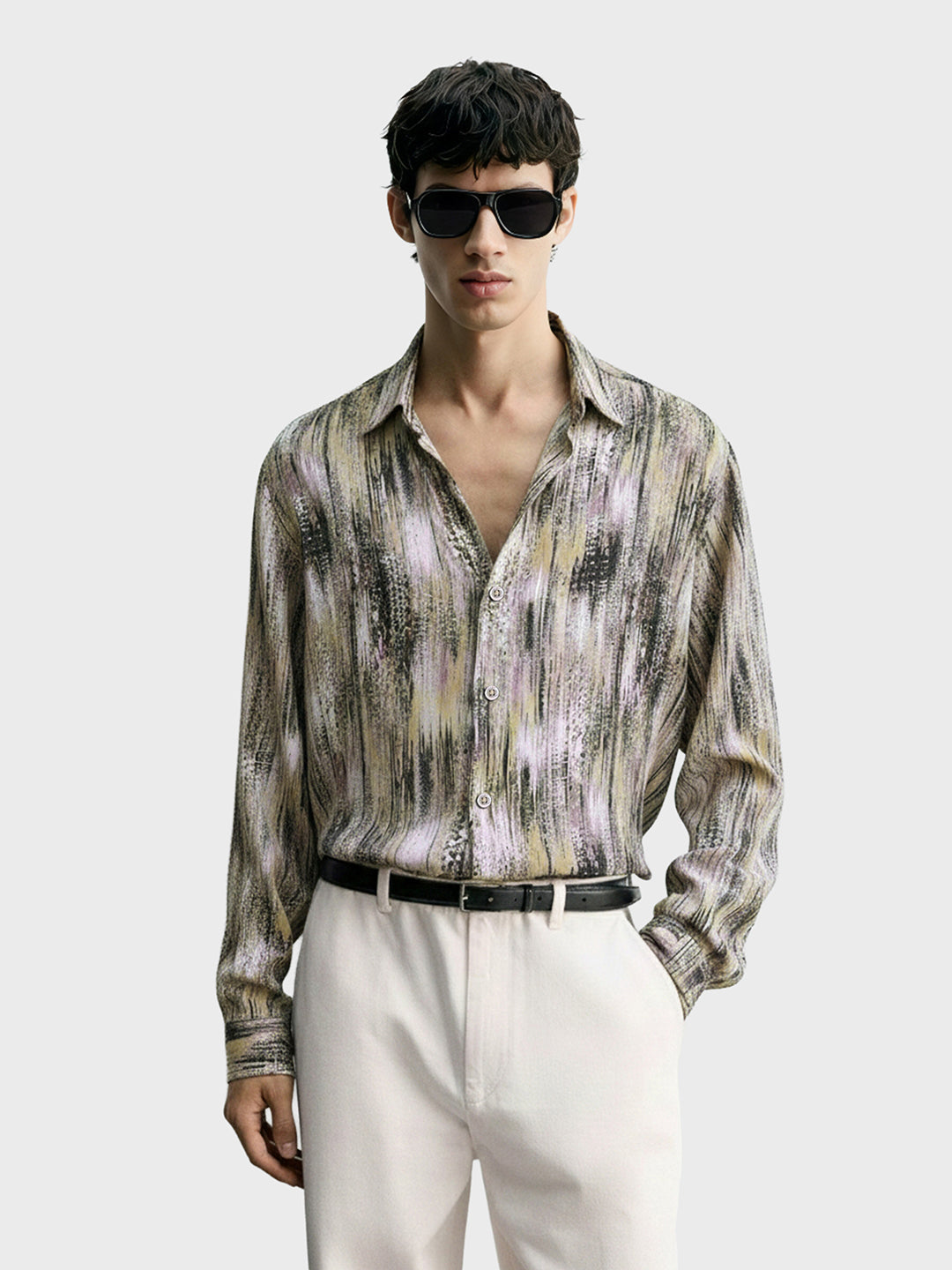 Men's Beige Slim Fit Party Wear Printed Shirt
