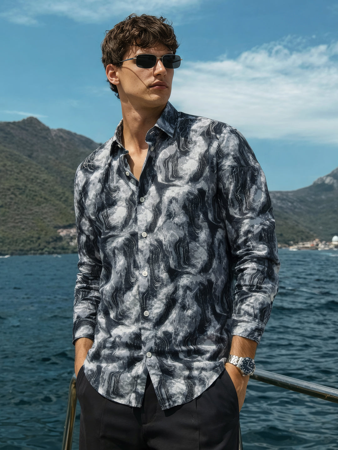 Men's Grey Slim Fit Party Wear Printed Shirt