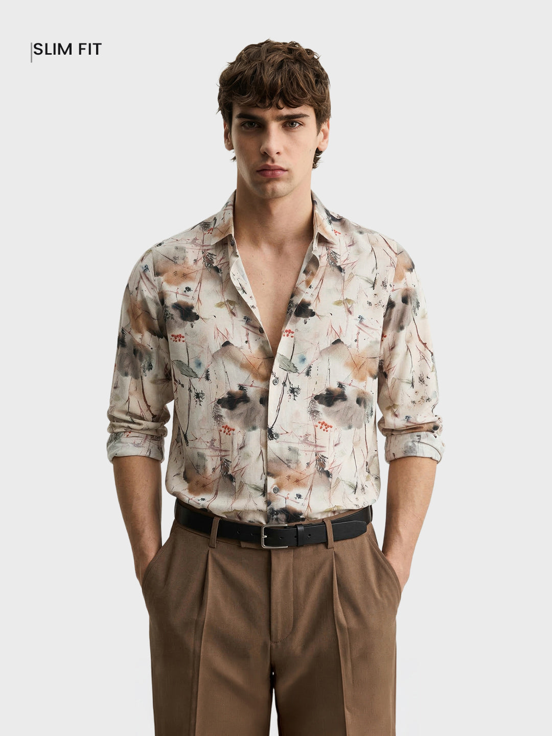 Men's Brown Slim Fit Party Wear Printed Shirt