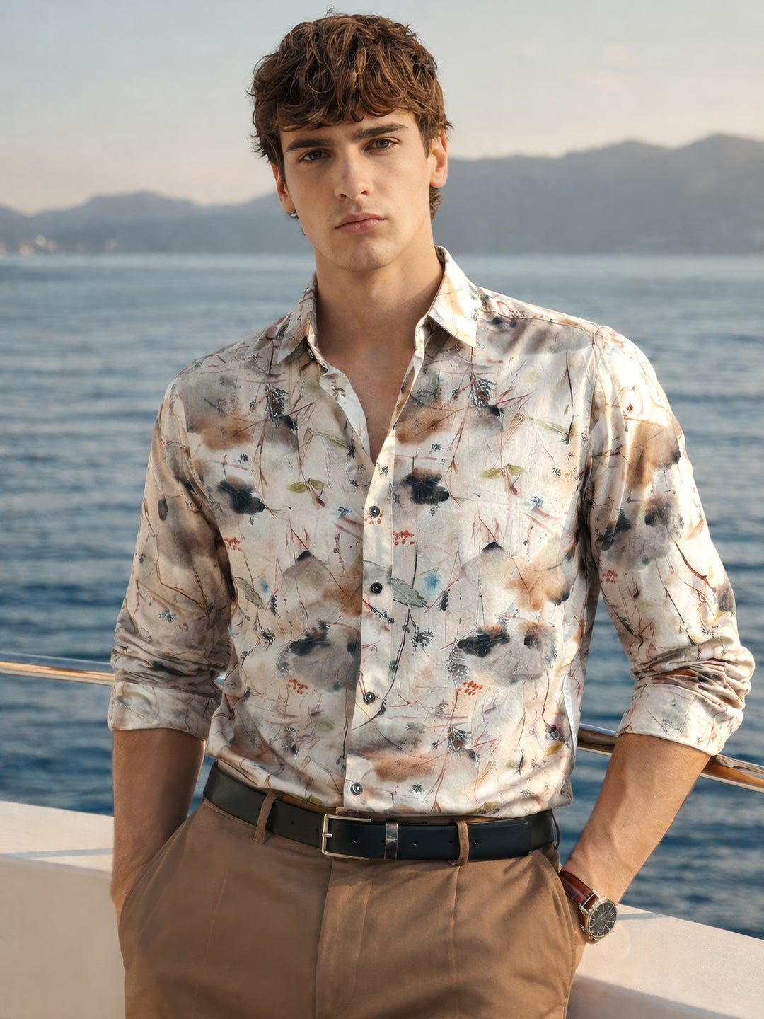 Men's Brown Slim Fit Party Wear Printed Shirt