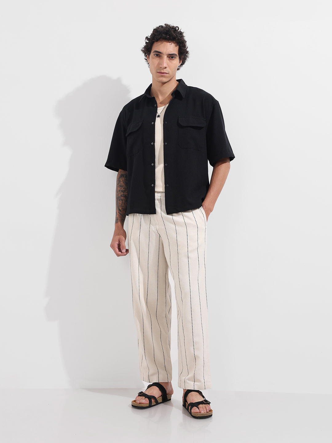 Men's Cream Relaxed Fit Resort Wear Vertical Stripes Trousers