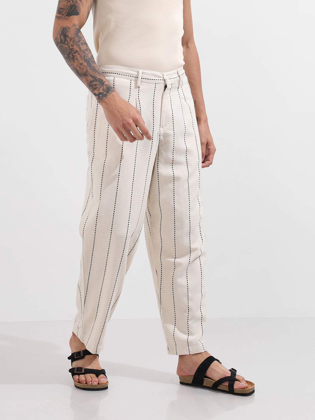Men's Cream Relaxed Fit Resort Wear Vertical Stripes Trousers