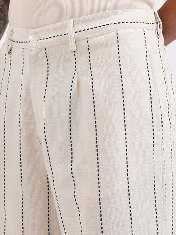 Men's Cream Relaxed Fit Resort Wear Vertical Stripes Trousers