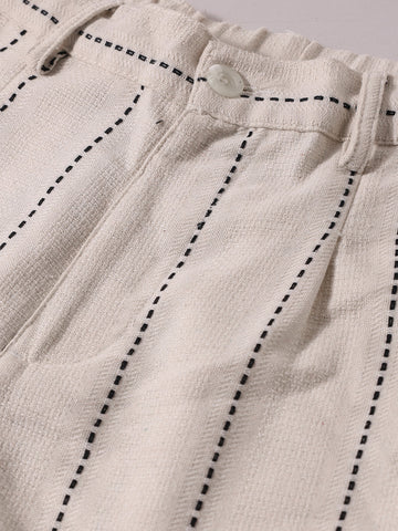 Men's Cream Relaxed Fit Resort Wear Vertical Stripes Trousers