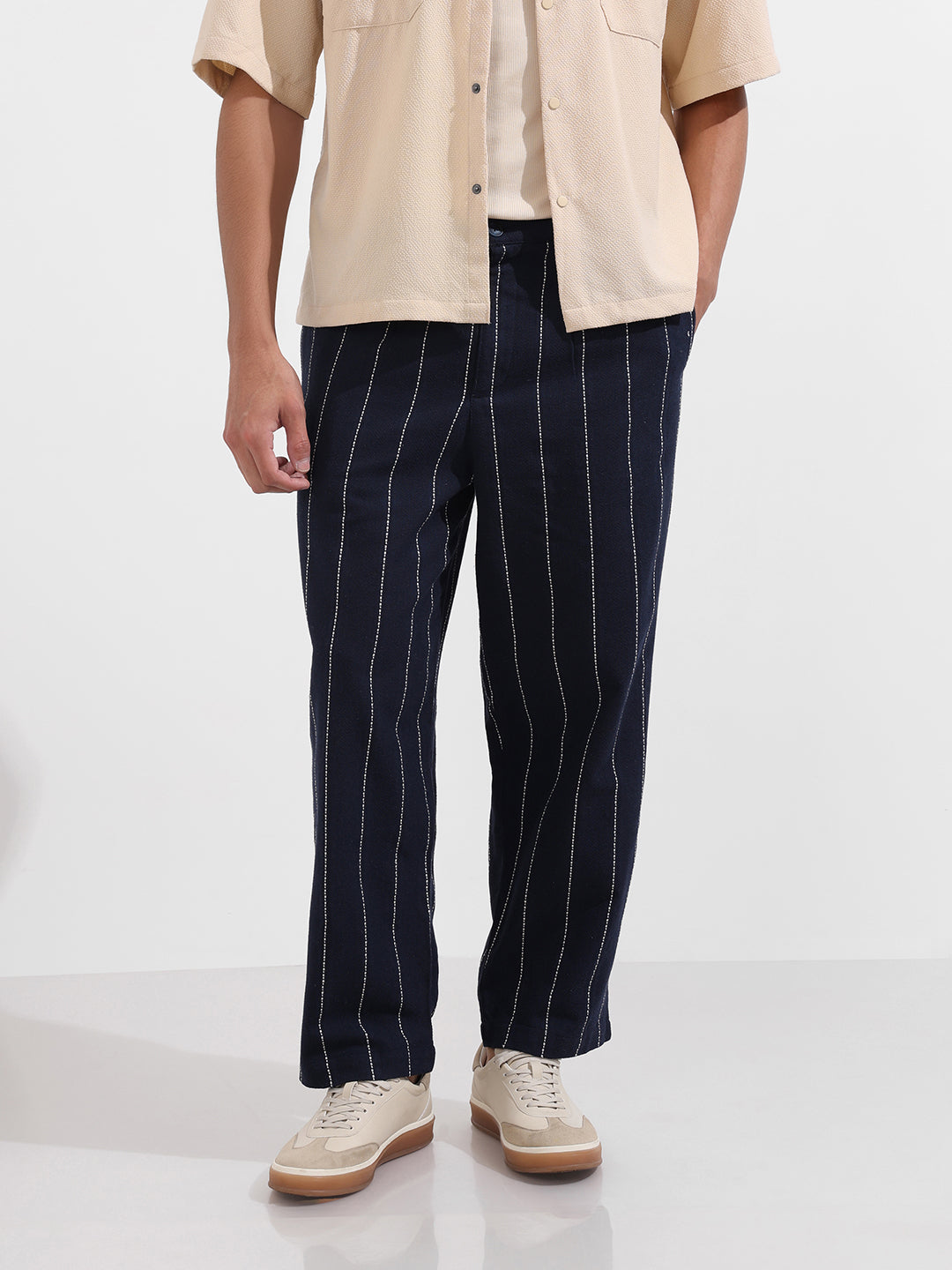 Men's Blue Relaxed Fit Resort Wear Vertical Stripes Trousers