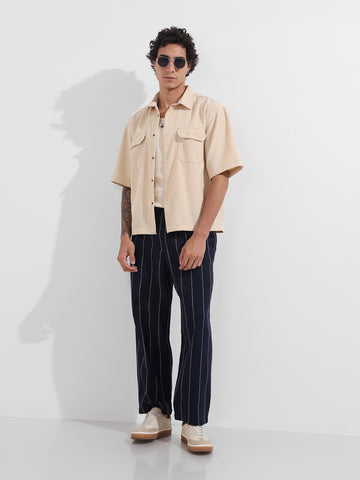 Men's Blue Relaxed Fit Resort Wear Vertical Stripes Trousers