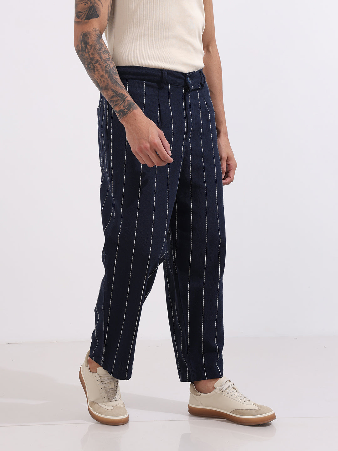 Men's Blue Relaxed Fit Resort Wear Vertical Stripes Trousers