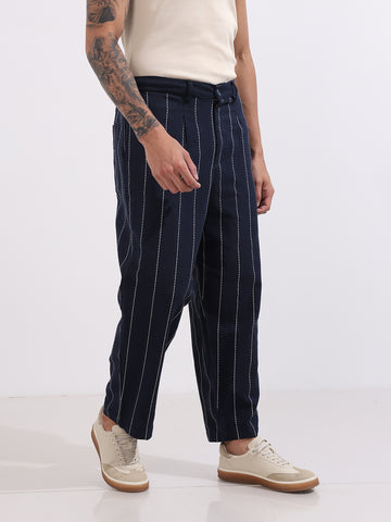 Men's Blue Relaxed Fit Resort Wear Vertical Stripes Trousers