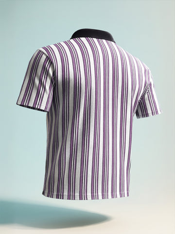 Men's Purple Boxy Fit Vertical Stripes Casual T-Shirt