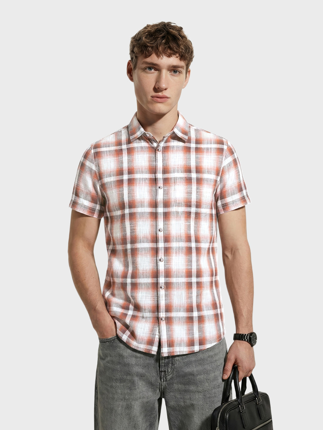 Men's Brown Slim Fit Checked Casual Shirt