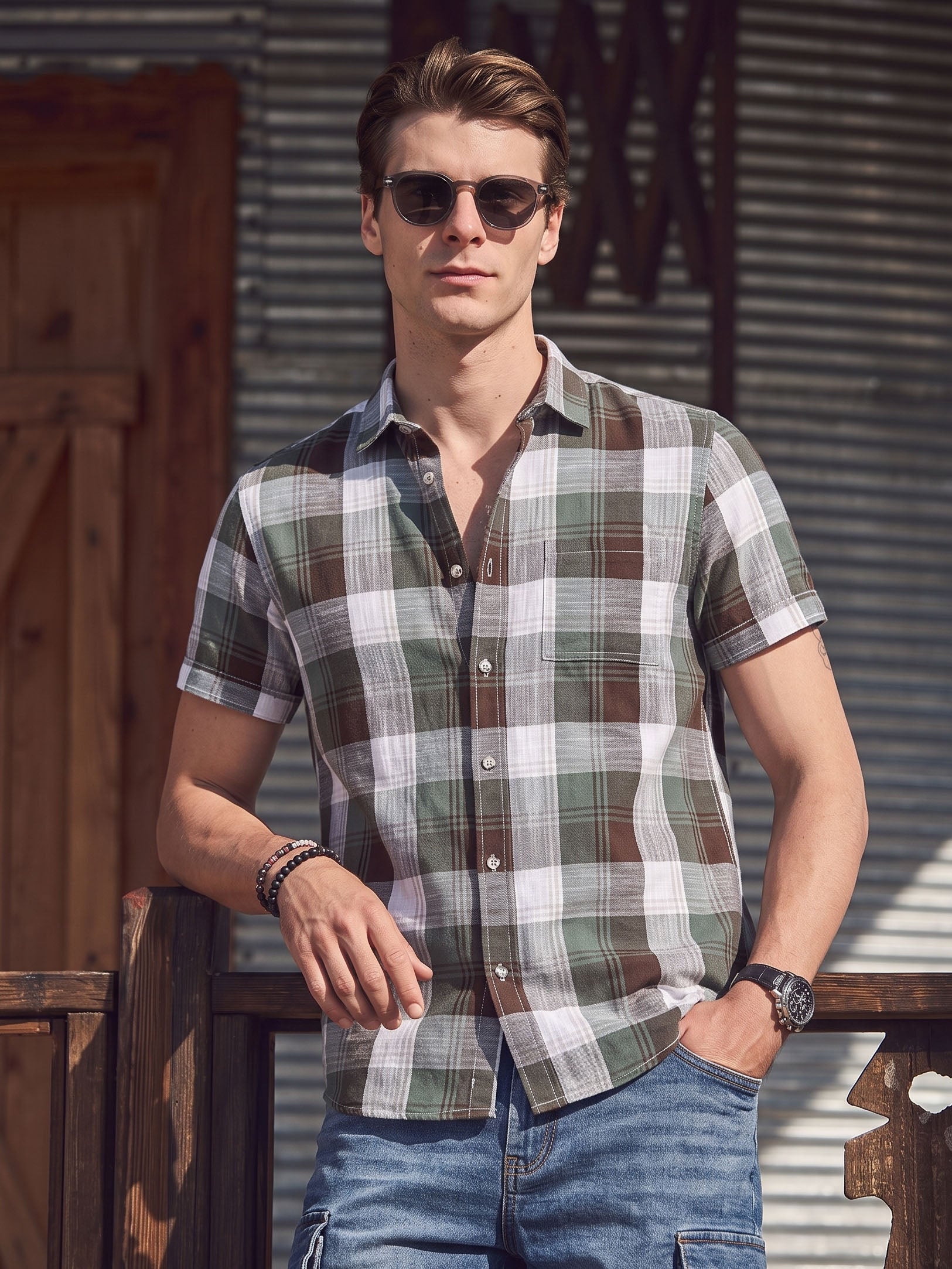 Men's Green Slim Fit Checkered Casual Shirt