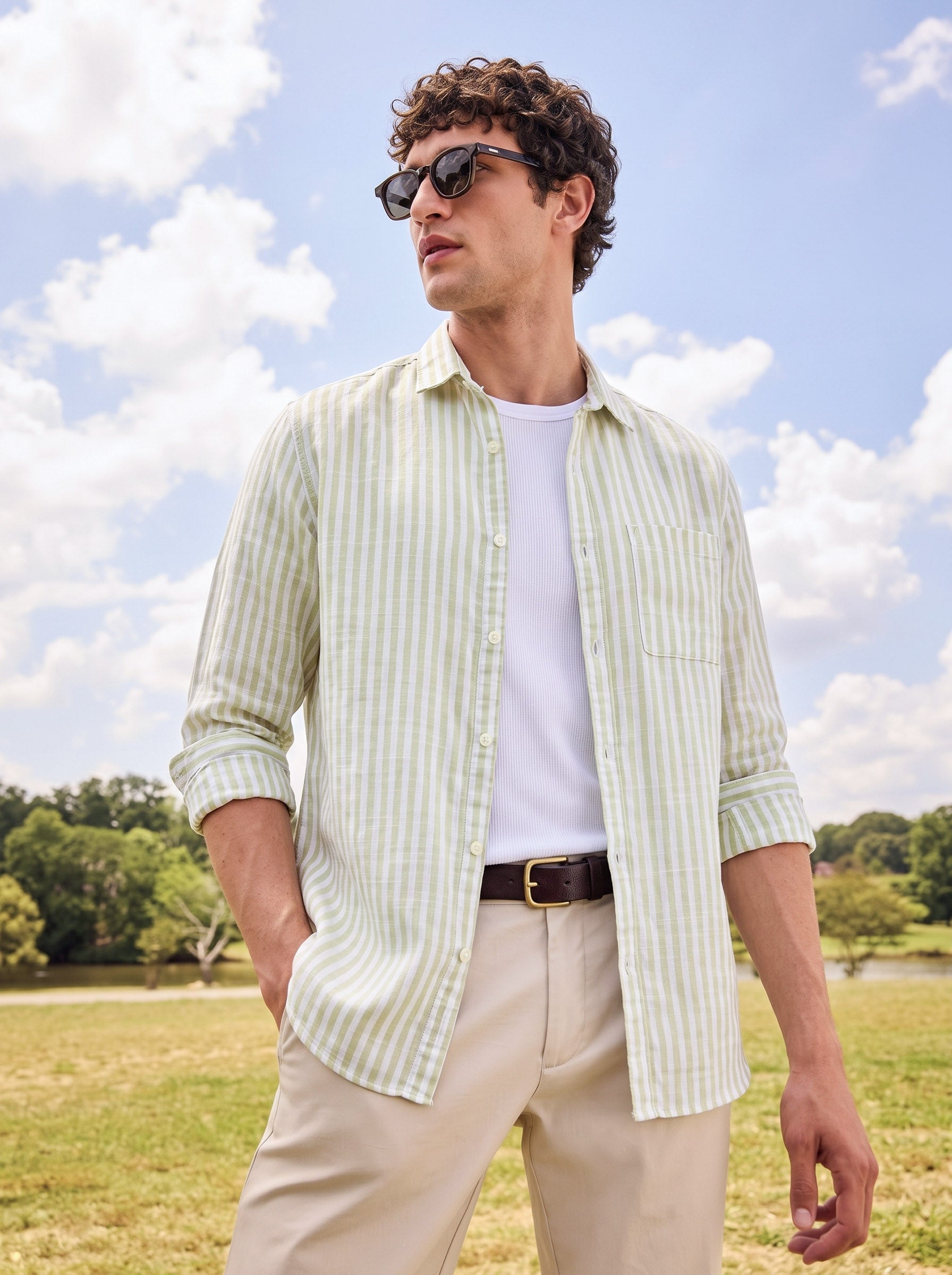 Men's Green Slim Fit Striped Casual Shirt