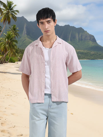 Men's Pink Relaxed Fit Resort Wear Textured Shirt