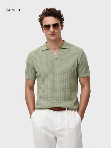 Men's Green Slim Fit Solid Flat Knit Polos