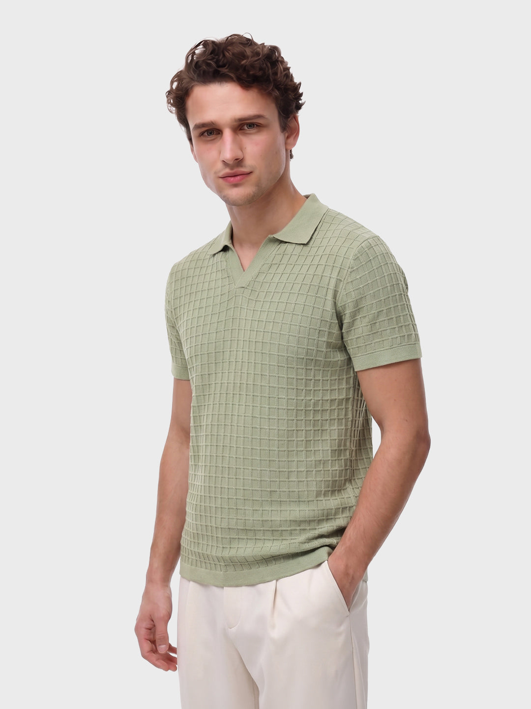 Men's Green Slim Fit Solid Flat Knit Polos