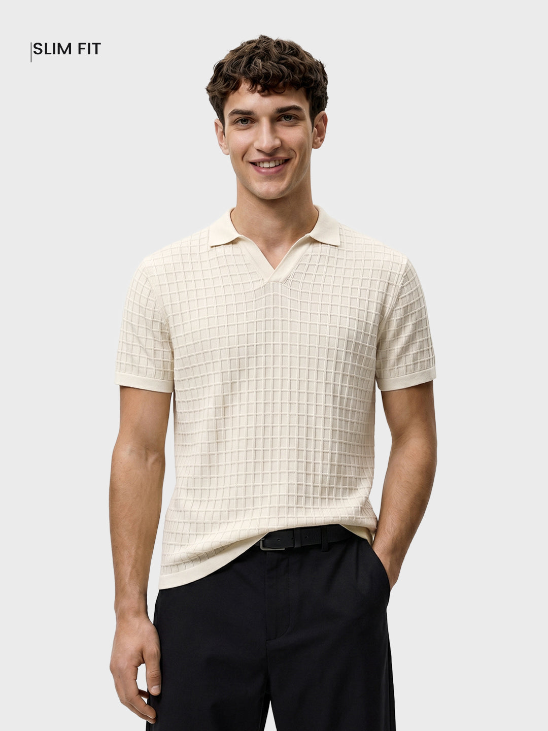 Men's Cream Slim Fit Solid Flat Knit Polos T-Shirts